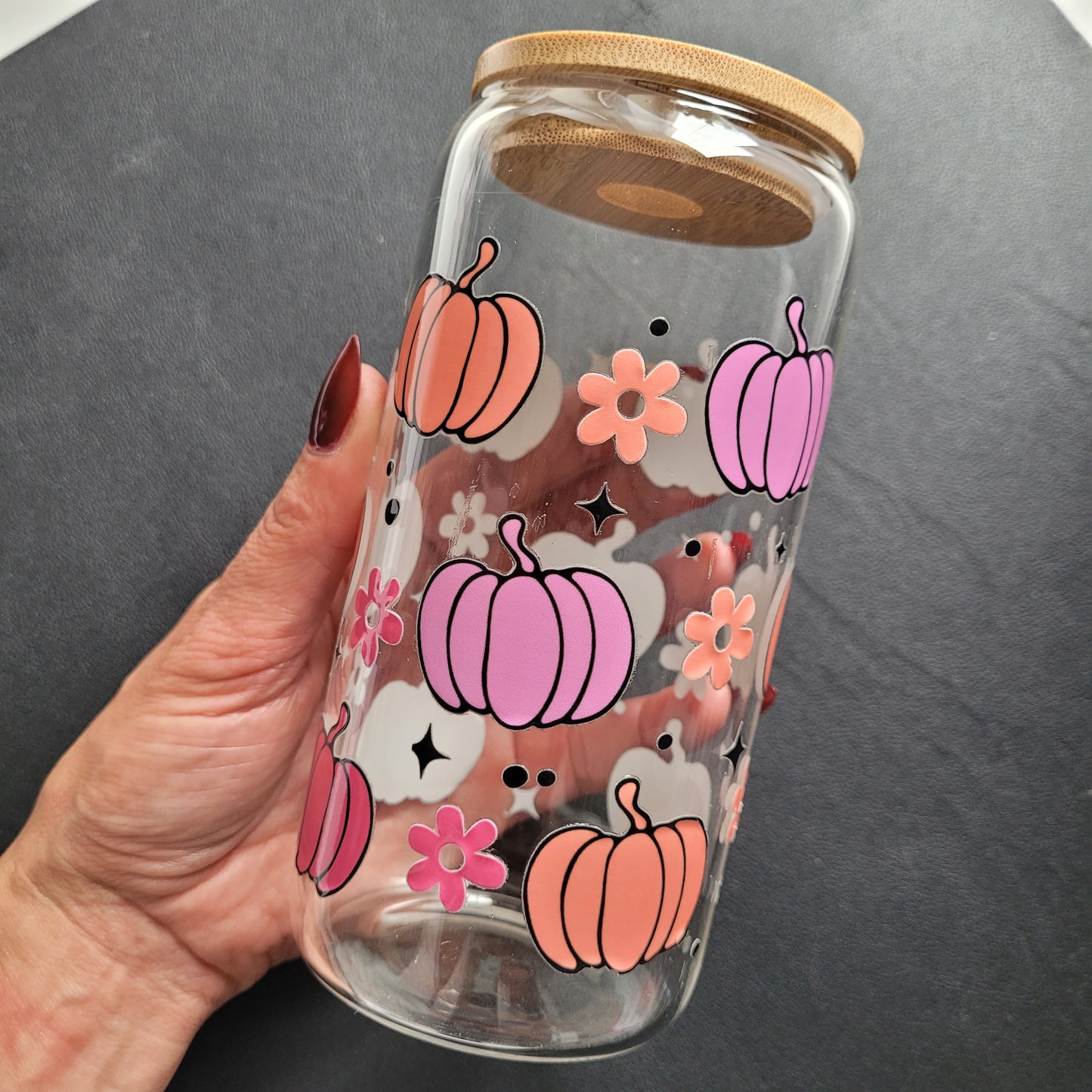 Trinkglas PUMPKINS | Glas mit Deckel und Strohhalm I Eiskaffee Glas I Wiederverwendbares Trinkglas