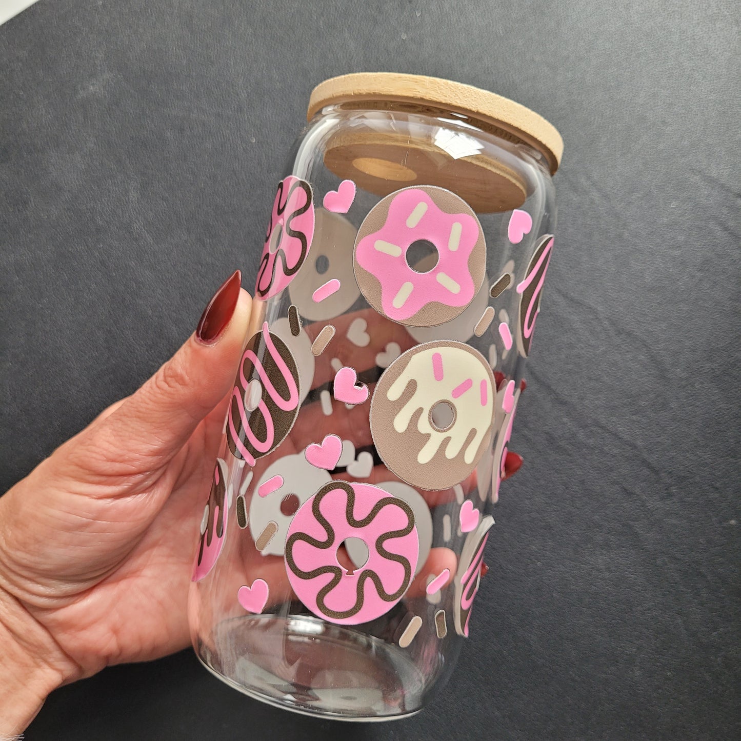 Trinkglas DONUTS | Glas mit Deckel und Strohhalm I Eiskaffee Glas I Wiederverwendbares Trinkglas