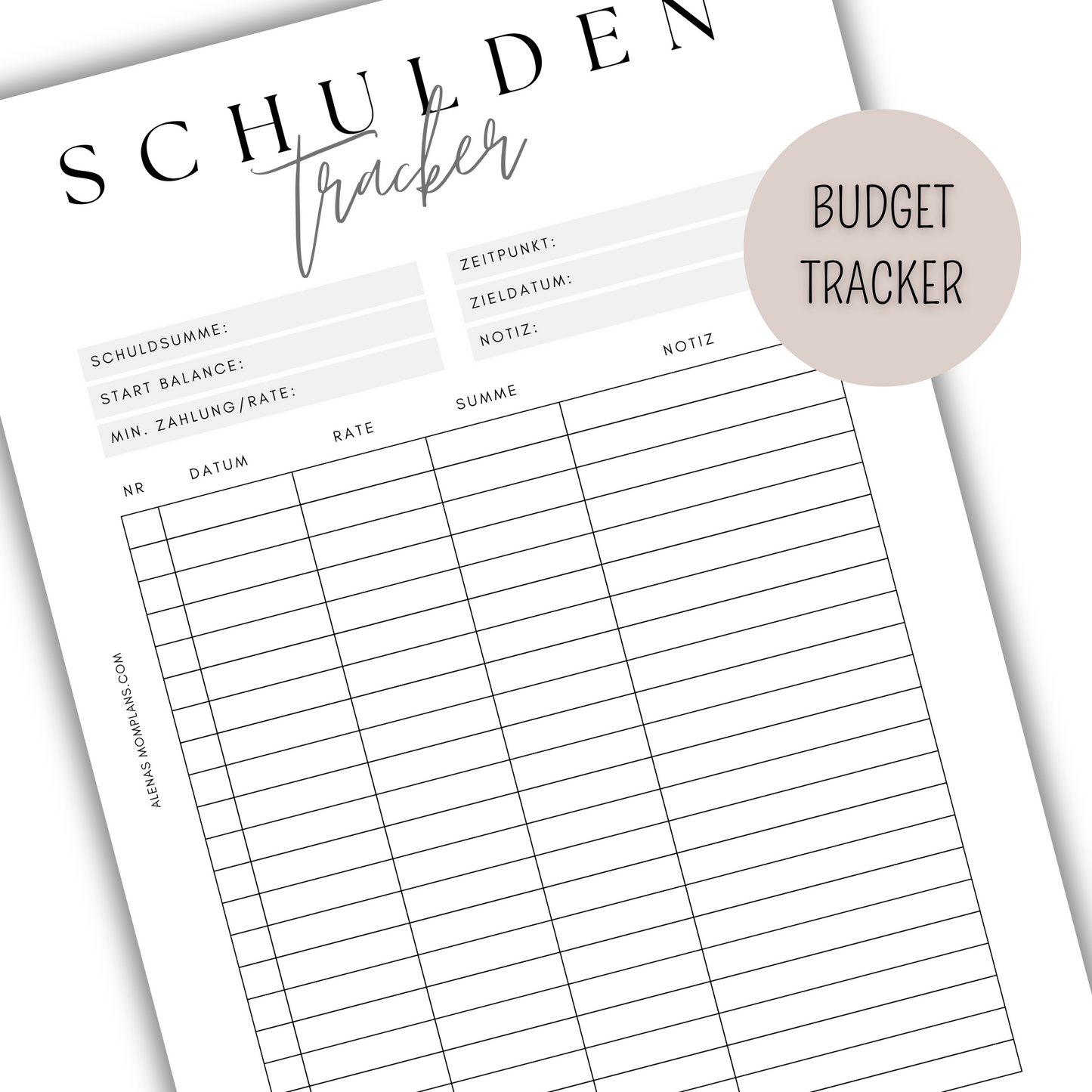 Schulden Tracker für deinen Budget Binder - minimalistisches, klares Design