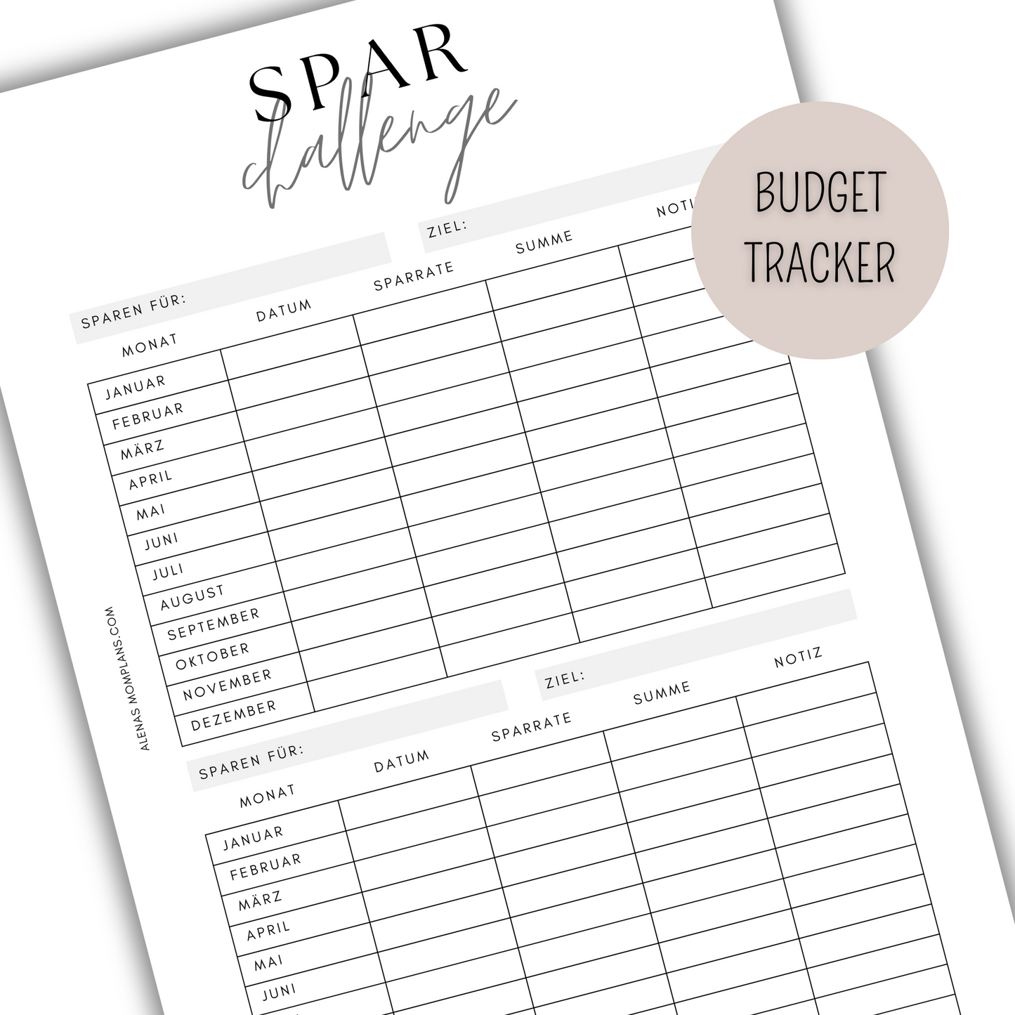 Spar Challenge Tracker für deinen Budget Binder - minimalistisches, klares Design