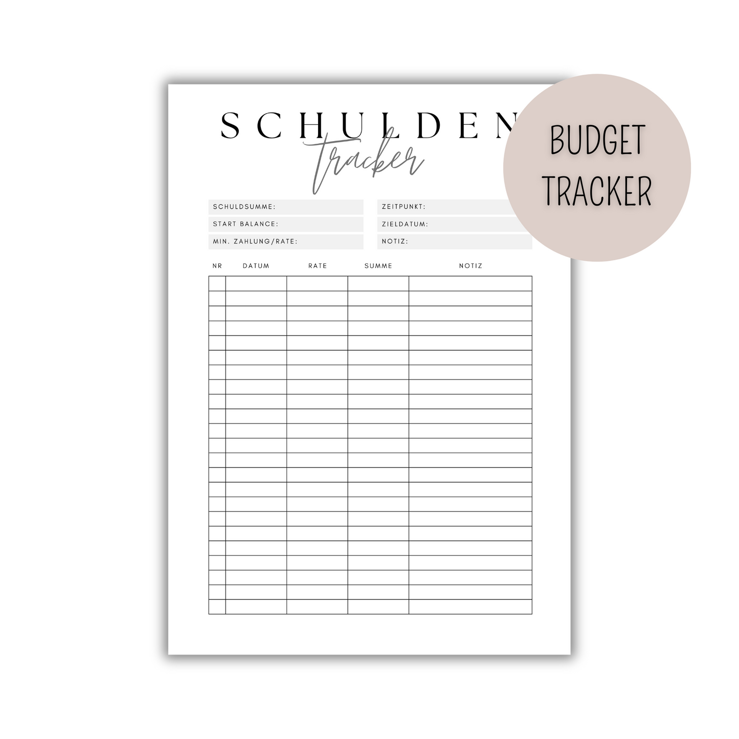 Schulden Tracker für deinen Budget Binder - minimalistisches, klares Design