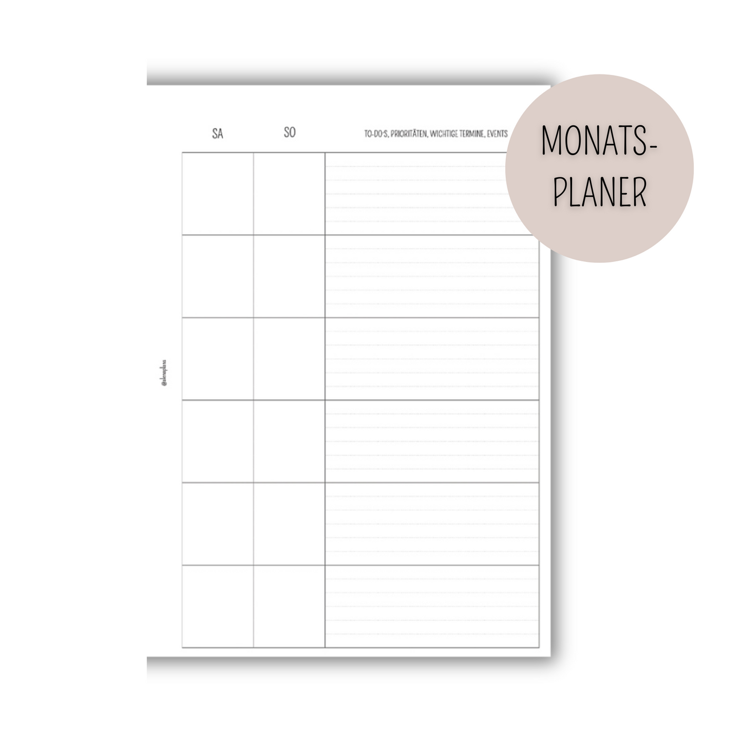Kalender Einlage - 1 Monat auf 2 Seiten - MOP 003
