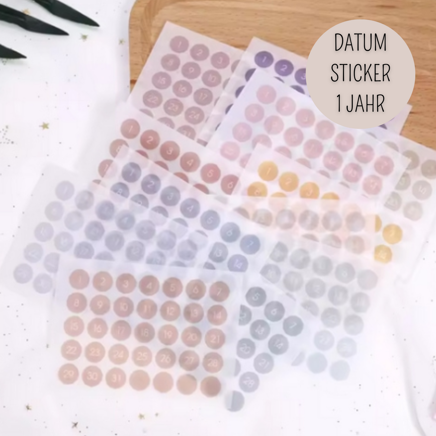 Datum Sticker halbtransparent BUNT - runder Zahlenaufkleber 365 tägliche Tage Aufkleber für 2025