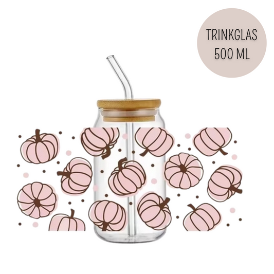 Trinkglas PINK PUMPKIN | Glas mit Deckel und Strohhalm I Eiskaffee Glas I Wiederverwendbares Trinkglas