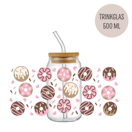 Trinkglas DONUTS | Glas mit Deckel und Strohhalm I Eiskaffee Glas I Wiederverwendbares Trinkglas