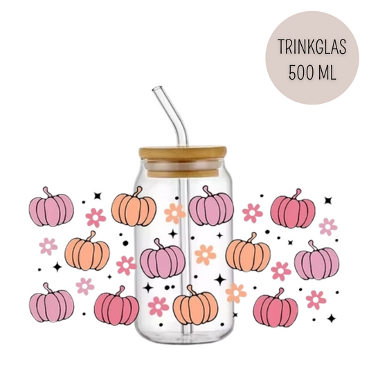 Trinkglas PUMPKINS | Glas mit Deckel und Strohhalm I Eiskaffee Glas I Wiederverwendbares Trinkglas