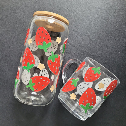 Trinkglas STRAWBERRY | Glas mit Deckel und Strohhalm I Eiskaffee Glas I Wiederverwendbares Trinkglas
