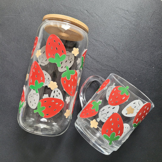 Trinkglas STRAWBERRY | Glas mit Deckel und Strohhalm I Eiskaffee Glas I Wiederverwendbares Trinkglas