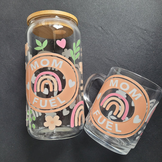 Trinkglas MOM FUEL | Glas mit Deckel und Strohhalm I Eiskaffee Glas I Wiederverwendbares Trinkglas