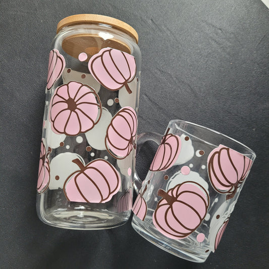 Trinkglas PINK PUMPKIN | Glas mit Deckel und Strohhalm I Eiskaffee Glas I Wiederverwendbares Trinkglas