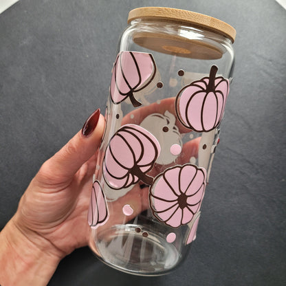 Trinkglas PINK PUMPKIN | Glas mit Deckel und Strohhalm I Eiskaffee Glas I Wiederverwendbares Trinkglas