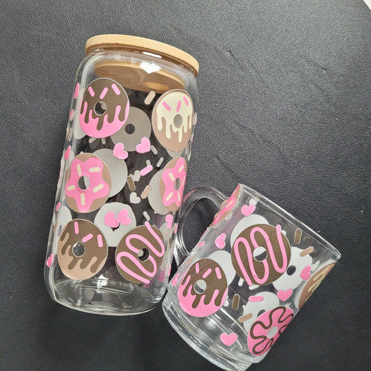 Trinkglas DONUTS | Glas mit Deckel und Strohhalm I Eiskaffee Glas I Wiederverwendbares Trinkglas
