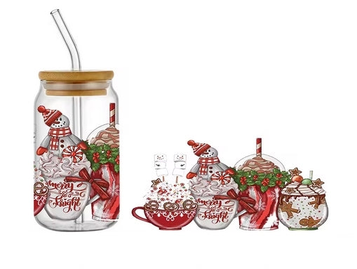 Trinkglas Christmas rot | Glas mit Deckel und Strohhalm I Eiskaffee Glas I Wiederverwendbares Trinkglas