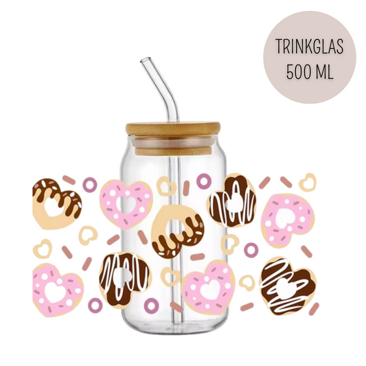 Trinkglas DONUTHERZ | Glas mit Deckel und Strohhalm I Eiskaffee Glas I Wiederverwendbares Trinkglas