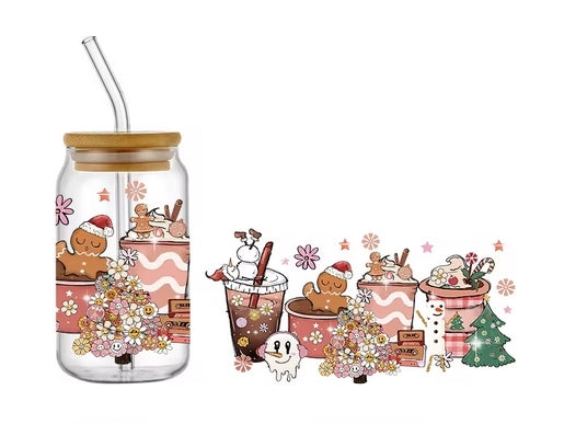 Trinkglas Christmas rosa | Glas mit Deckel und Strohhalm I Eiskaffee Glas I Wiederverwendbares Trinkglas