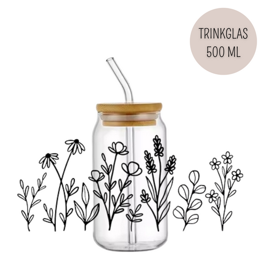 Trinkglas FLOWER | Glas mit Deckel und Strohhalm I Eiskaffee Glas I Wiederverwendbares Trinkglas