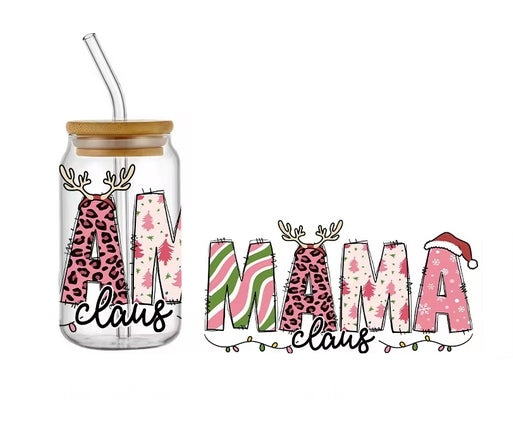 Trinkglas Mama Claus | Glas mit Deckel und Strohhalm I Eiskaffee Glas I Wiederverwendbares Trinkglas