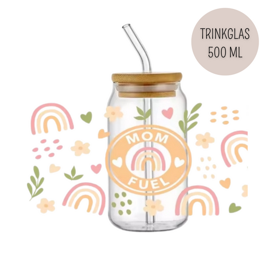 Trinkglas MOM FUEL | Glas mit Deckel und Strohhalm I Eiskaffee Glas I Wiederverwendbares Trinkglas