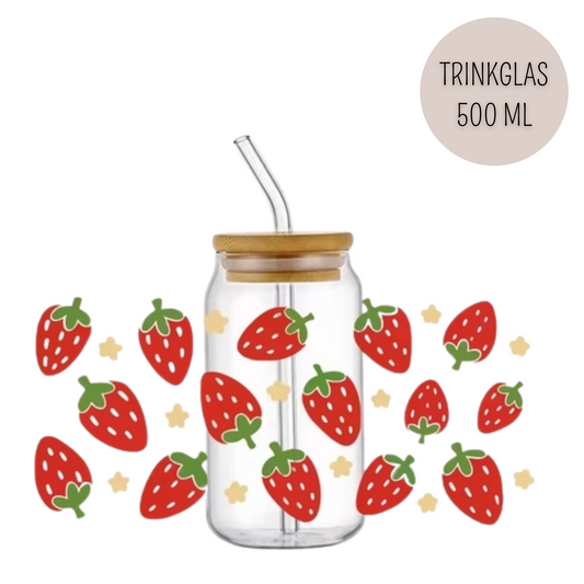 Trinkglas STRAWBERRY | Glas mit Deckel und Strohhalm I Eiskaffee Glas I Wiederverwendbares Trinkglas