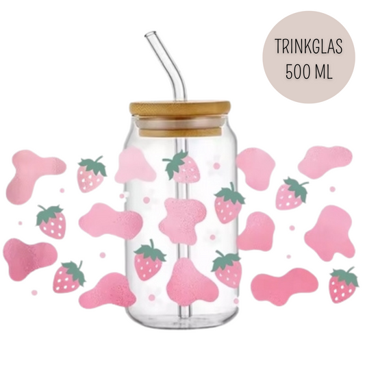 Trinkglas PINK STRAWBERRY | Glas mit Deckel und Strohhalm I Eiskaffee Glas I Wiederverwendbares Trinkglas