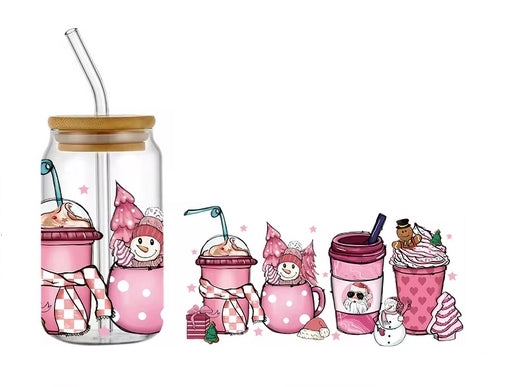 Trinkglas Christmas pink | Glas mit Deckel und Strohhalm I Eiskaffee Glas I Wiederverwendbares Trinkglas