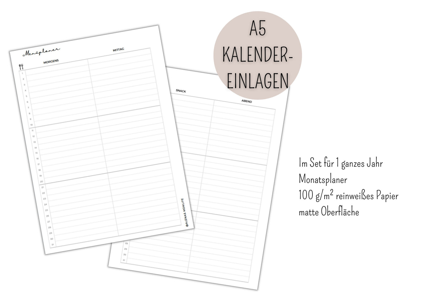 Monats-Menü-Tracker | A5 Kalender Einlageblätter | Menü Planer | Food Journal Layout - Kalendereinlagen A5