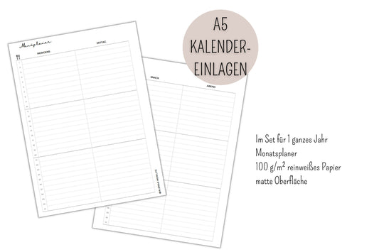 Monats-Menü-Tracker | A5 Kalender Einlageblätter | Menü Planer | Food Journal Layout - Kalendereinlagen A5