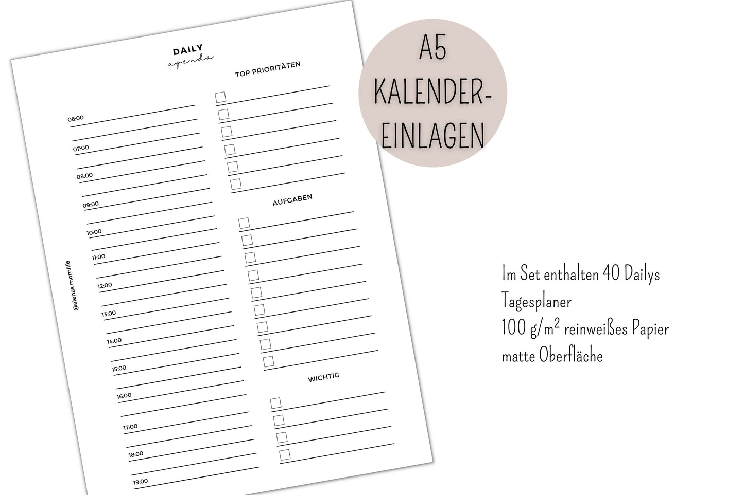 Tagesplaner | Kalender Einlagen | Einfache Planvorlage | Undatiert I Ungelocht - Kalendereinlagen A5