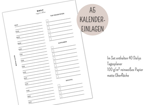 Tagesplaner | Kalender Einlagen | Einfache Planvorlage | Undatiert I Ungelocht - Kalendereinlagen A5