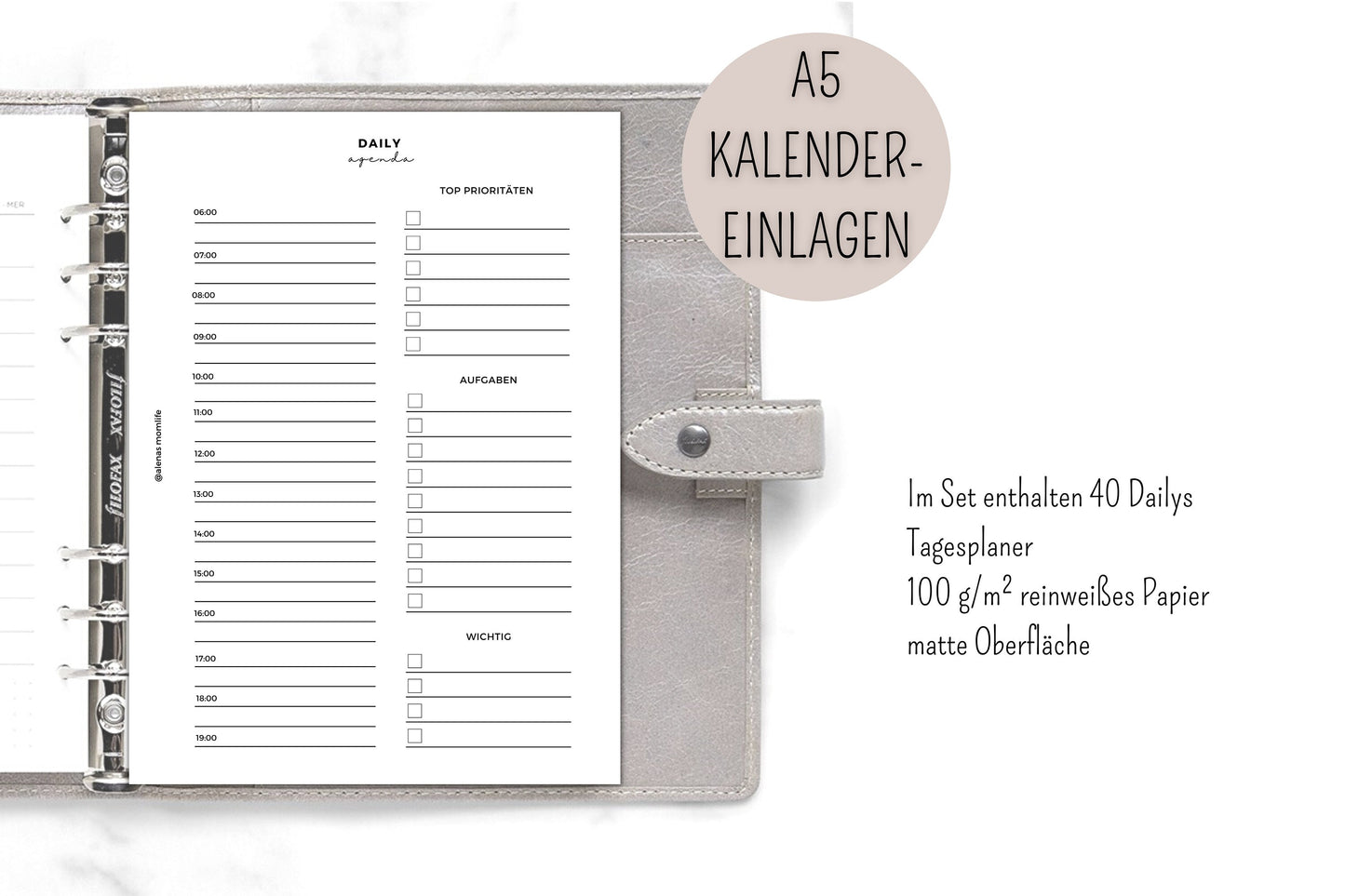 Tagesplaner | Kalender Einlagen | Einfache Planvorlage | Undatiert I Ungelocht - Kalendereinlagen A5