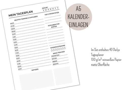 Tagesplaner | Kalender Einlagen | Einfache Planvorlage | To Do Liste | Undatiert I Ungelocht - Kalendereinlagen A5