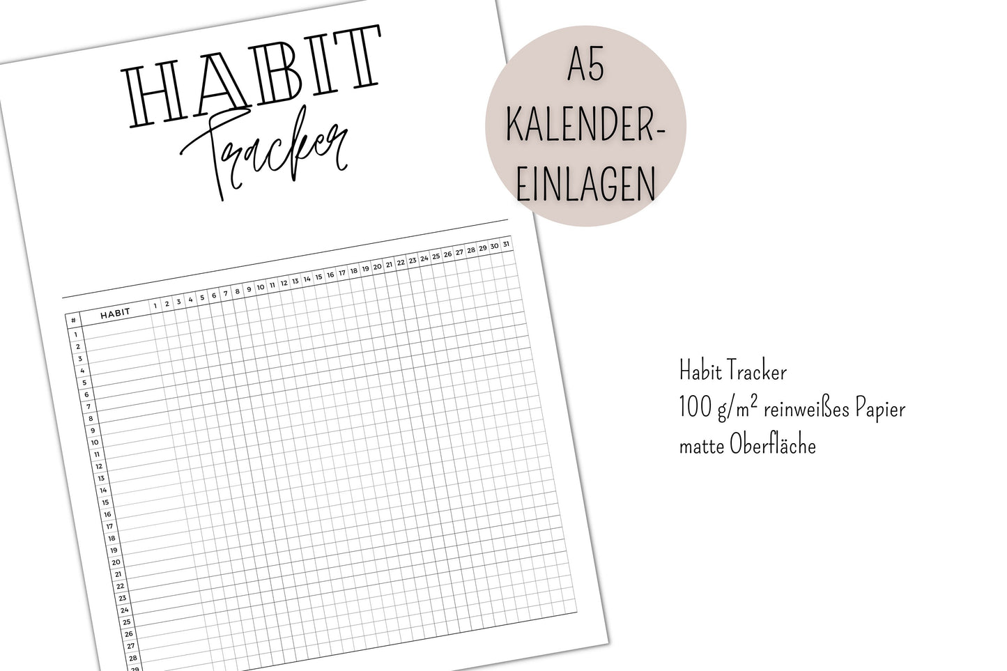 Habit Tracker | Jahres Habit Tracker | A5 Kalender Einlageblätter - Kalendereinlagen A5