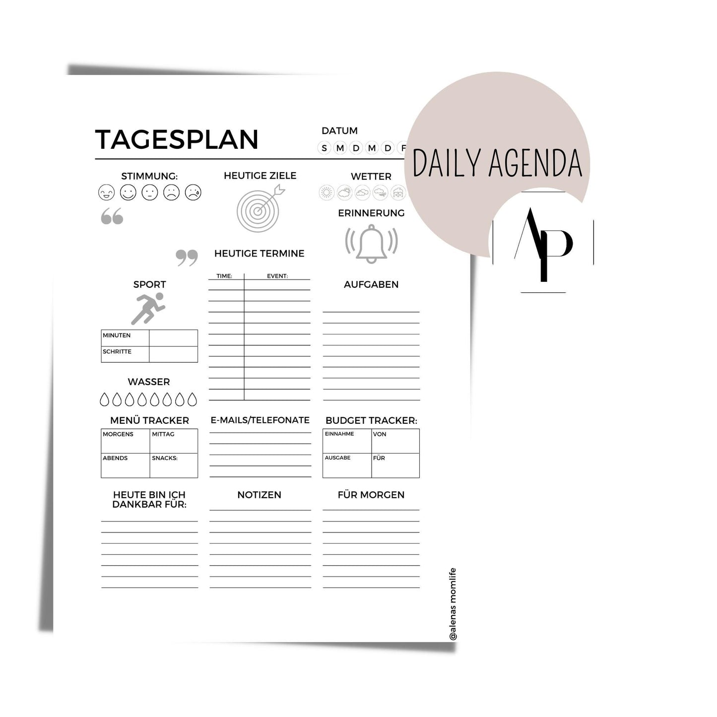 Kalender Einlage  - Tagesplan mit Zeiteinteilung I undatiert, ungelocht - Refill Einlagen Inserts für deinen Kalender und Agenda