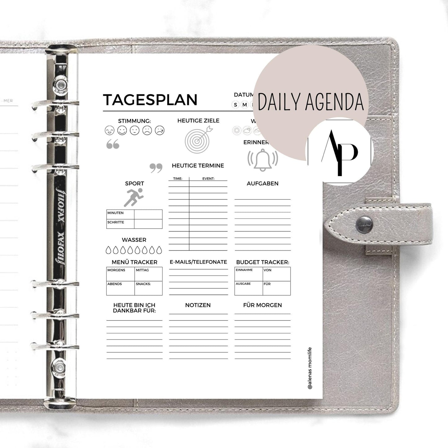 Kalender Einlage  - Tagesplan mit Zeiteinteilung I undatiert, ungelocht - Refill Einlagen Inserts für deinen Kalender und Agenda